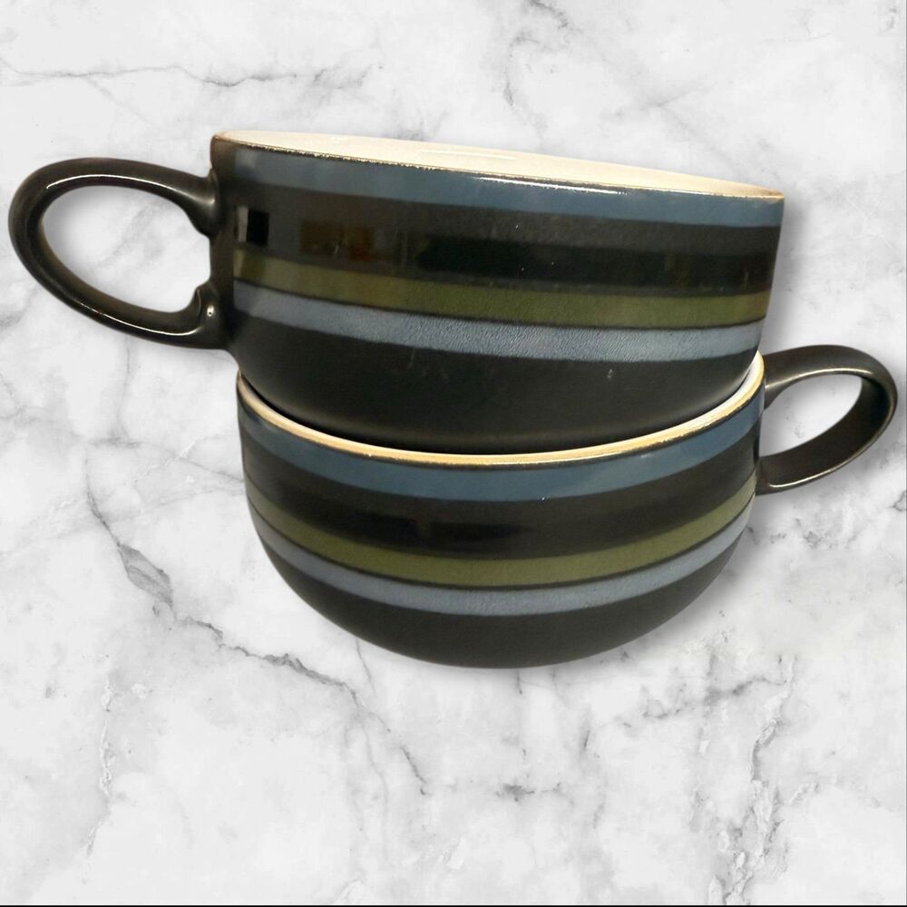 Denby England Pair of Stoneware Soup Mugs Energy Stripe Pattern, Blue Gray Green